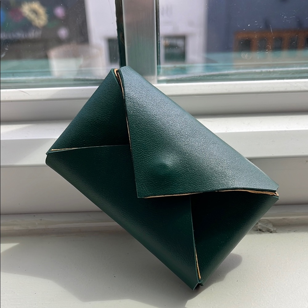 Cream and Green Leather Wallet Clutch